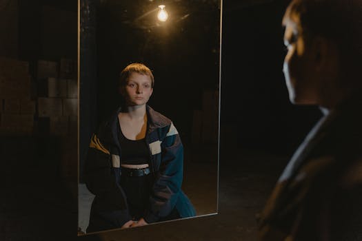 A young woman reflecting in a mirror under soft light, evoking introspection and serenity.