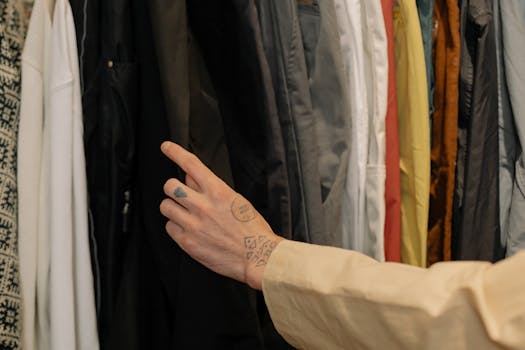 Close-up of a tattooed hand selecting clothing from a rack in a boutique setting.