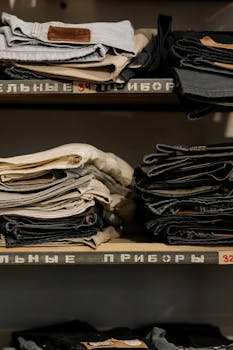 Neatly folded denim jeans in various colors stacked on wooden shelves inside a store.