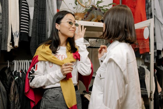 Two women trying on sunglasses in a fashion boutique filled with trendy clothing.