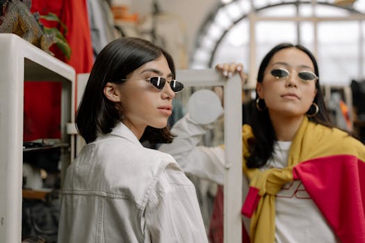 Two stylish women trying sunglasses in a chic boutique setting.