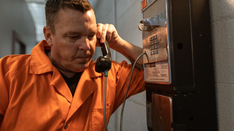 An inmate in an orange jumpsuit makes a phone call inside a prison facility, conveying the prison life atmosphere.