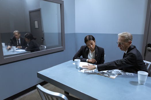 Investigators in a serious discussion in an interrogation room.