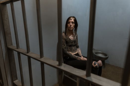 A woman sits thoughtfully in a dimly lit prison cell, highlighting themes of confinement.