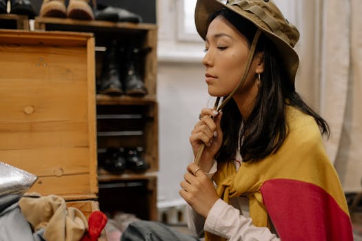 A woman browses through a thrift shop, wearing a boonie hat and colorful clothing, embodying retro fashion style.