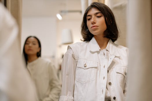 Two women browsing clothing in a modern fashion store dressing room.