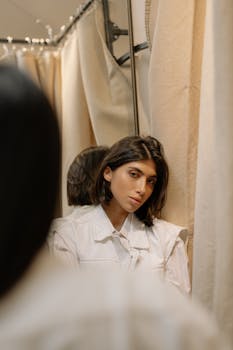 A stylish brunette woman reflects in a fitting room mirror, showcasing fashion and consumerism.