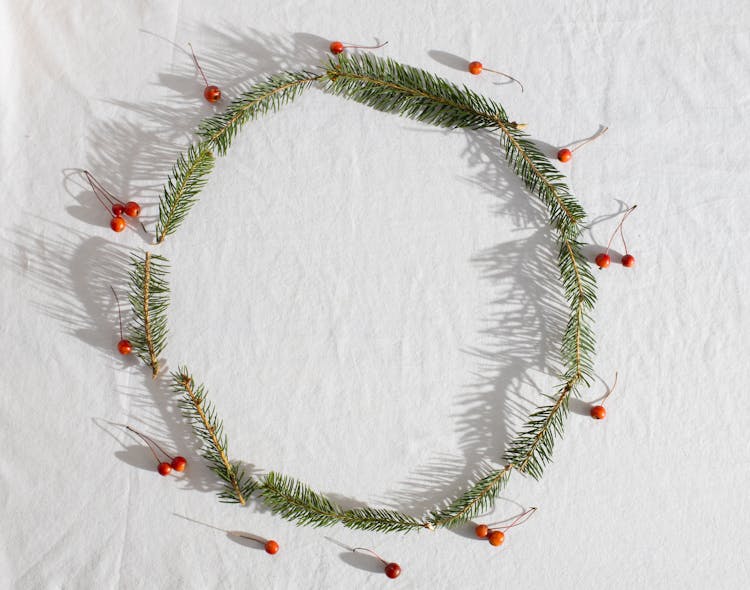 Coniferous Branches With Holly Berries Placed In Round