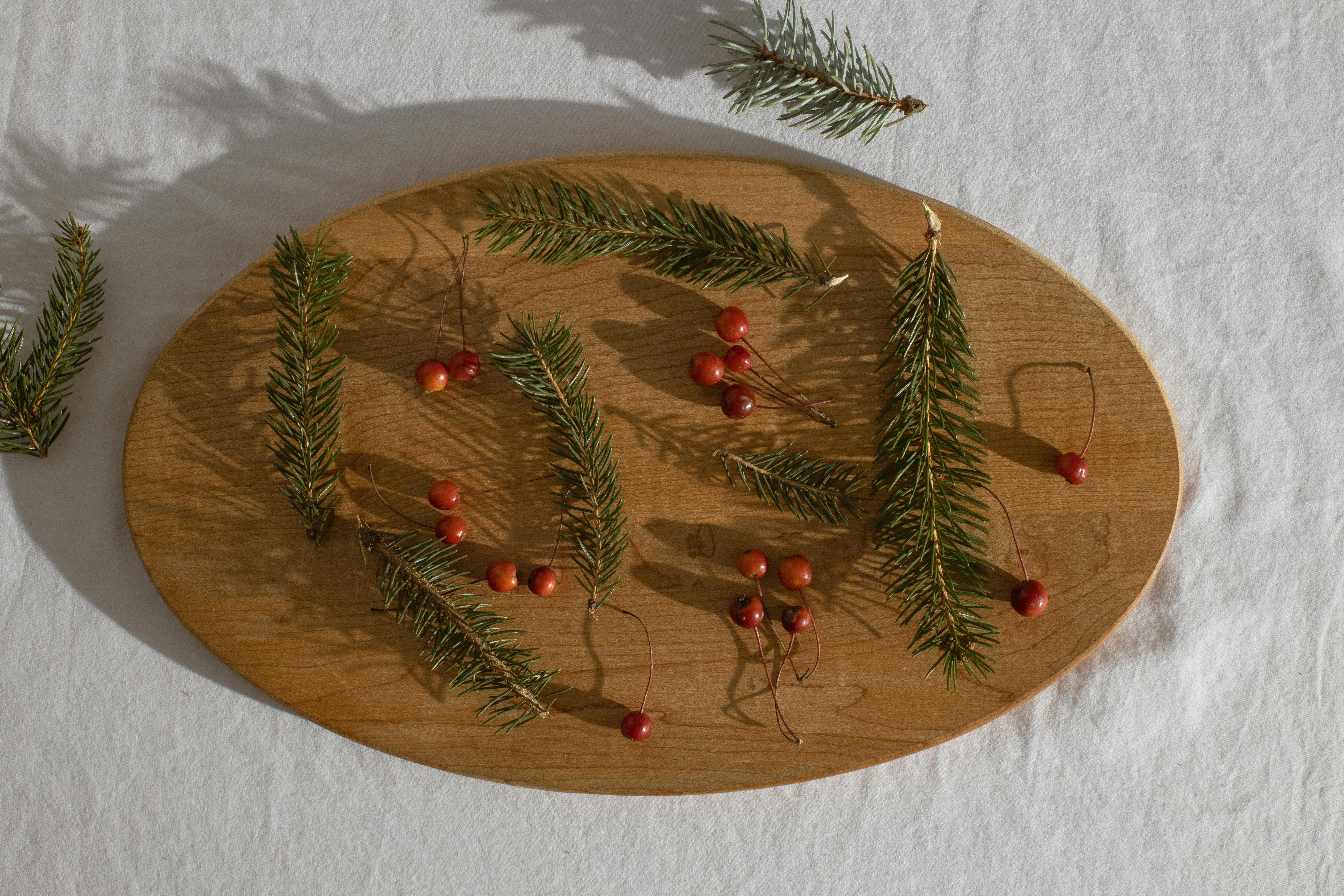 Top view of green coniferous branches near red ripe fresh holly berries on wooden board in daylight
