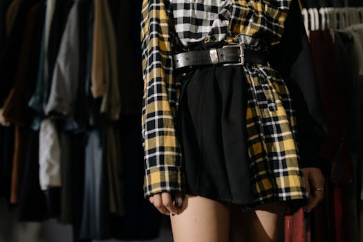 Close-up of a stylish plaid outfit with a belt in a vintage clothing store setting.