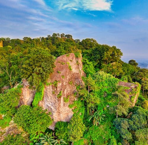 Breathtaking scenery of massive rocky cliff covered with fresh lush green tropical vegetation against cloudy blue sky