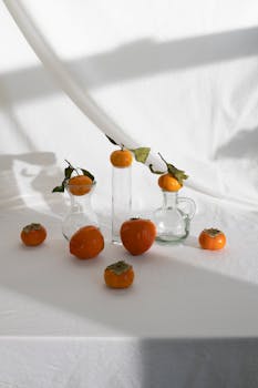 Elegant still life featuring persimmons and glassware in warm sunlight.