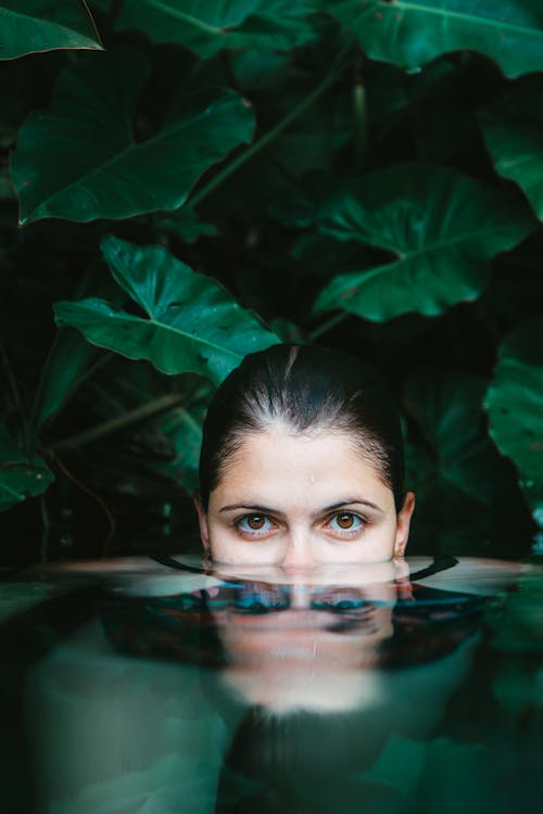 Free A Woman Soaking on Water Near Green Plants Stock Photo