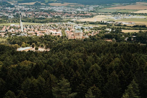 Aerial View of Buildings in a Rural Area