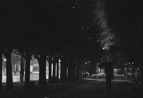 A Grayscale of a Person Walking on a Street at Night