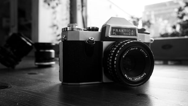 Black-and-white photo of a vintage Praktica camera on a table with blurred background lenses.