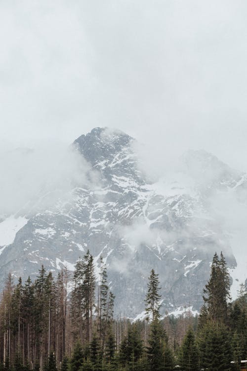 Free A Cloudy Day by a Snow Capped Mountainside Stock Photo