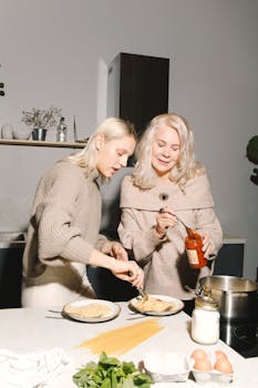 A heartwarming scene of a mother and daughter preparing pasta together, fostering family bonds.