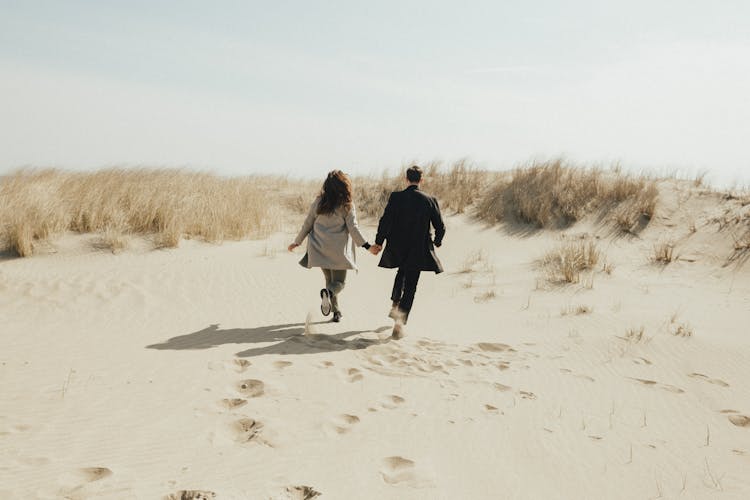 Back View Of A Couple Holding Hands While Walking At A Beach