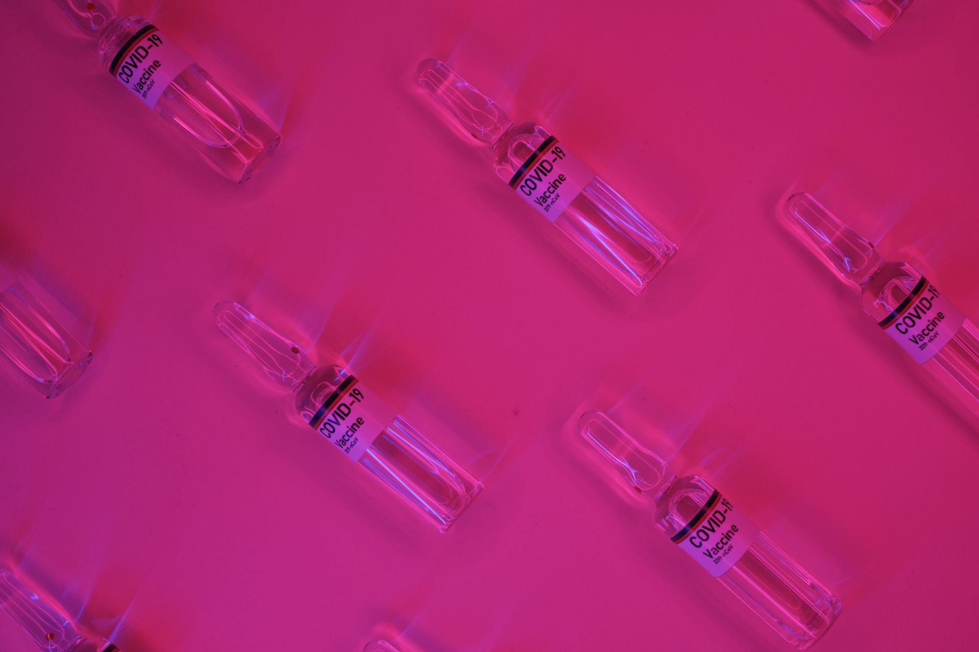 Top view of set of glass ampoules with COVID 19 vaccine arranged on bright pink surface under neon illumination