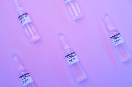 Free Transparent ampoules with anti COVID 19 vaccine arranged on purple desk in modern laboratory Stock Photo