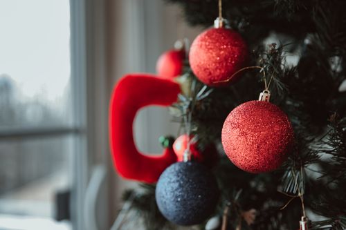Free Red and blue decorative baubles hanging on branches of Christmas tree near window on blurred background during holiday preparation in apartment Stock Photo