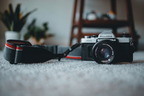 Ground level of old fashioned photo camera with lens and black strap placed on rug in room with flowerpots and wooden shelf on blurred background