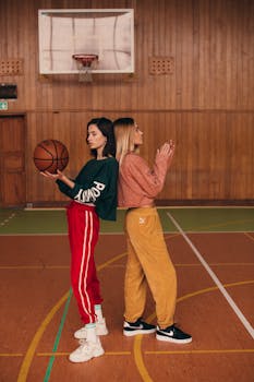 Two young women standing back to back on an indoor basketball court, one holding a ball.