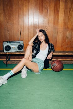 A young woman in casual attire sits against a wooden wall, accompanied by a basketball and vintage boombox.
