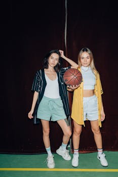 Stylish young women posing with a basketball in trendy outfits, showcasing modern urban fashion.