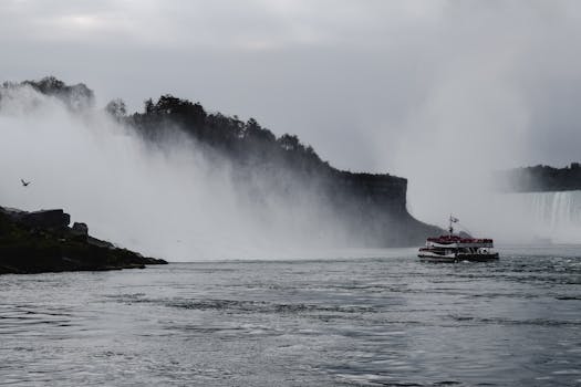 Tour boat approaching the magnificent Horseshoe Falls at Niagara, a famous tourist attraction in Canada.