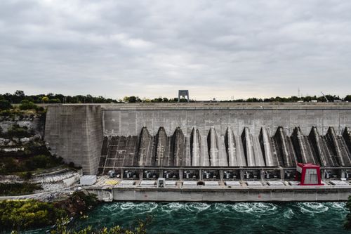 Free Aerial view of hydroelectric power plant at Niagara Falls, showcasing renewable energy. Stock Photo
