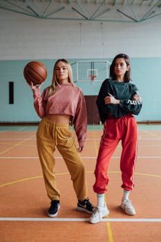 Two young women in fashionable sportswear posing confidently indoors on a basketball court.