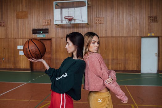 Two women in sportswear posing in an indoor basketball court, holding a basketball.
