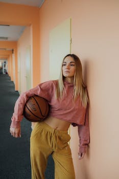 Young woman in casual sportswear posing with a basketball against a pastel wall indoors.