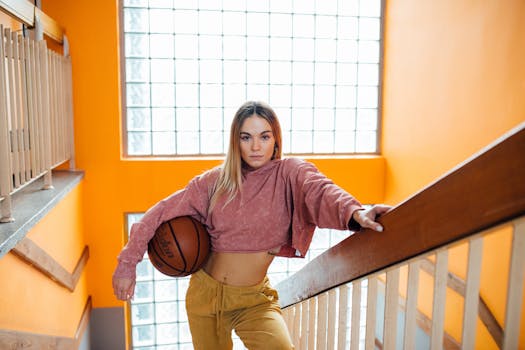 Athletic woman with basketball poses on staircase, exuding confidence and style.