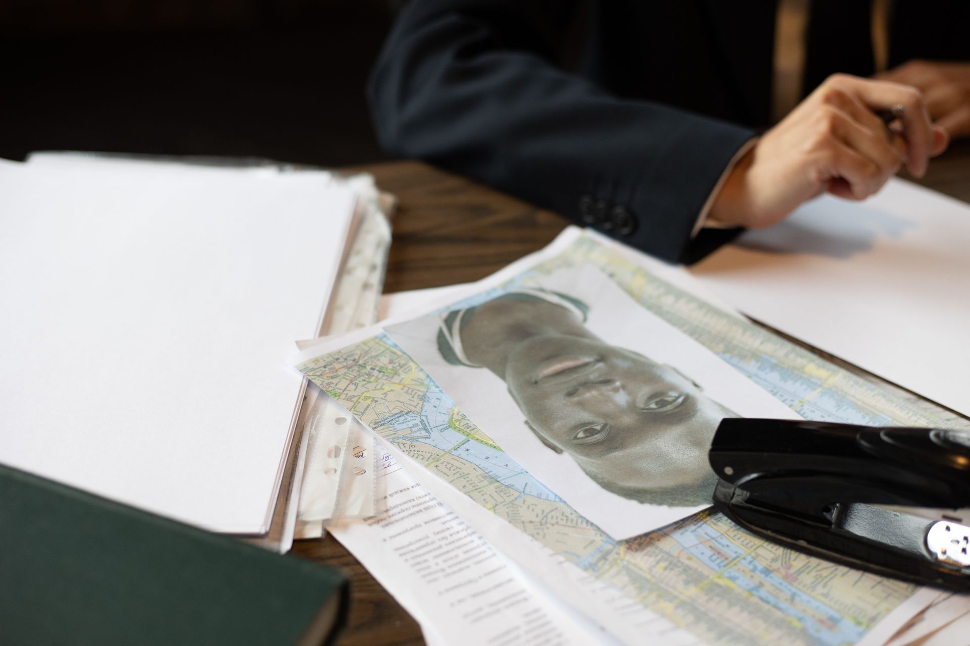 Hands of a person writing on papers with a map and photo on a wooden table.