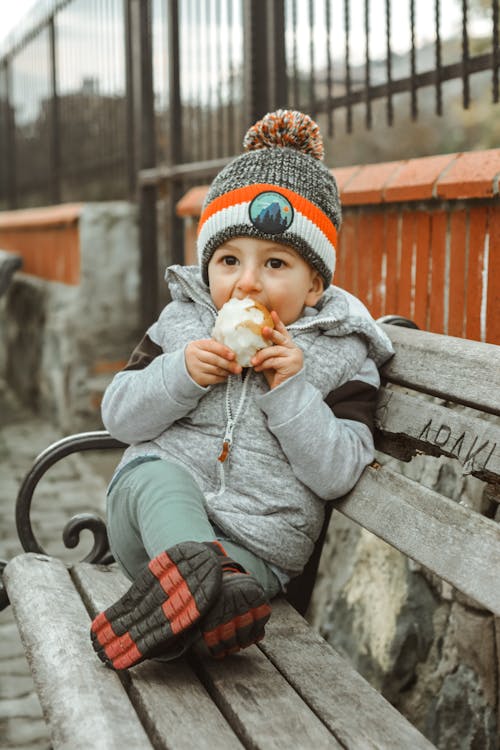 Free A Cute Boy in Gray Hoodie Eating a Bread while Sitting on a Bench Stock Photo