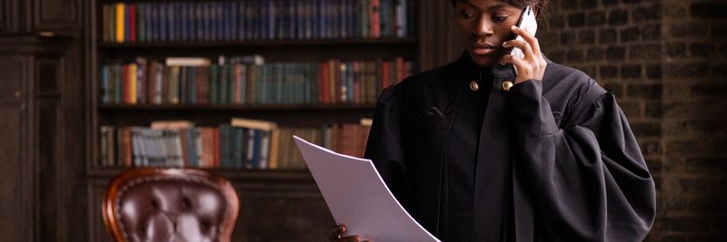 African American judge in traditional robes holds a document and talks on the phone in a law library.