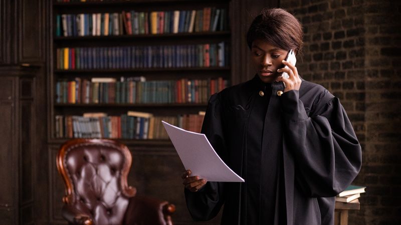 African American judge in traditional robes holds a document and talks on the phone in a law library.