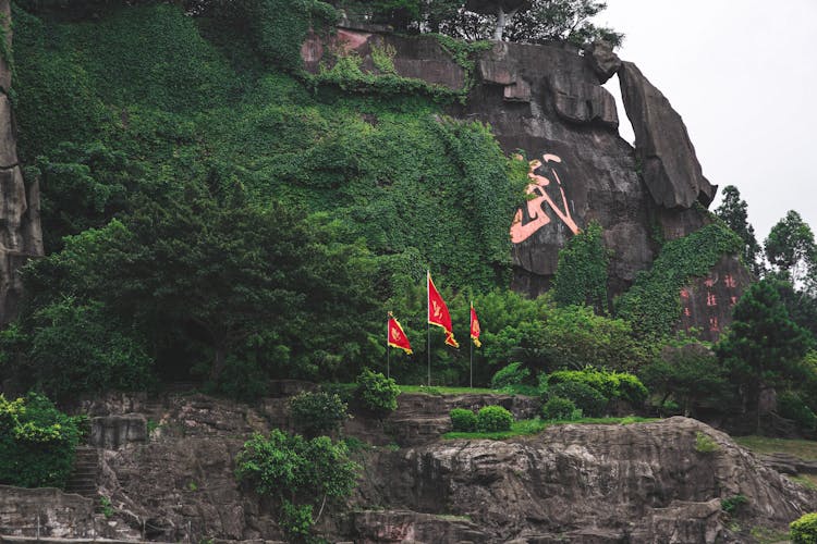 Mountain Range With Plants And National Flags In Summer