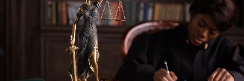 A focused judge writing on documents beside a Lady Justice statue in an office.
