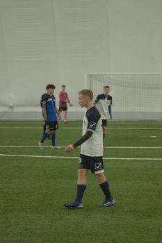 Teenage soccer players competing in an indoor match on a green field with goals.