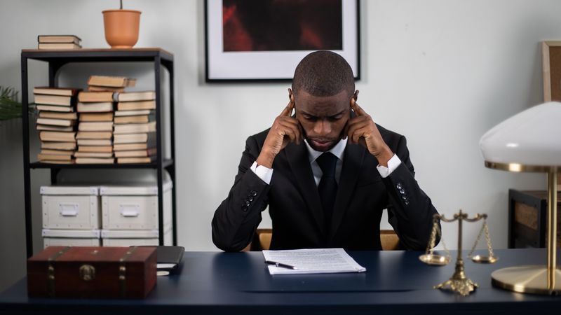 Businessman in suit reading documents at office desk, appearing stressed or thoughtful.