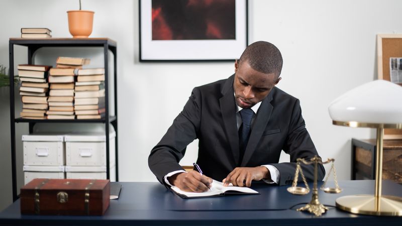 Businessman in formal suit writing notes at office desk with books and scales of justice.