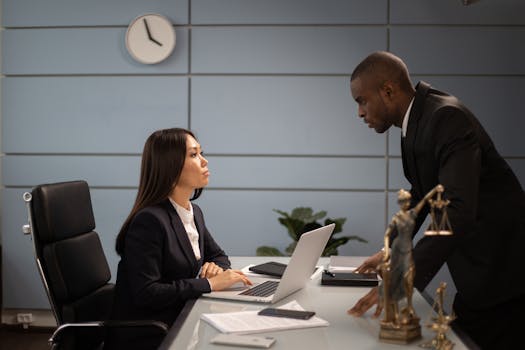 Two colleagues in a formal business setting engaged in a discussion at an office desk.