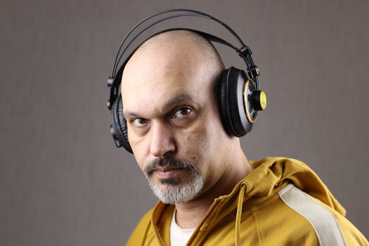 A close-up portrait of a bald man wearing headphones, focused and listening to music.