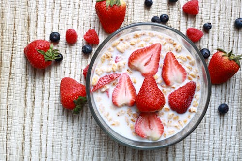 Overhead Shot of a Bowl with Strawberries and Milk