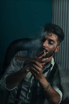 Confident bearded ethnic male detective wearing classy shirt and tie sitting in darkness and smoking cigarette while thoughtfully examining filmstrip