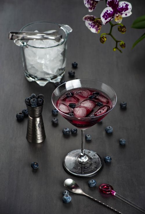 Free Chic blueberry cocktail garnished with ice alongside orchids and ice bucket. Stock Photo